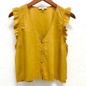 EUC Madewell Yellow Linen Ruffle-Sleeve V-Neck Button Blouse